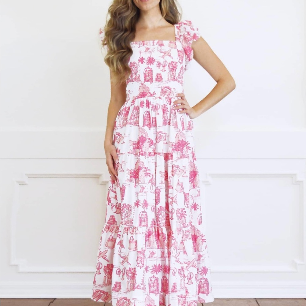 NWOT Pink Toile Smocked Flutter Sleeve Dress by 8 oak lane (new w/o tags)
